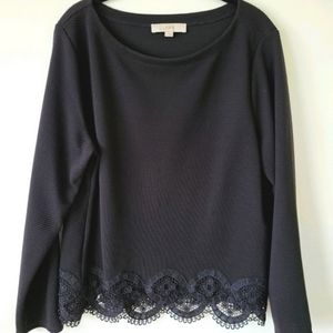 Loft black lace hem long sleeve ribbed top